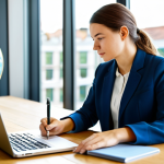 A focused professional woman, in her late 20s, wearing a modest business casual blazer and blouse, sitting at a sleek, light-wood desk in a modern, sunlit co-working space. Her laptop screen displays a colorful graph illustrating "Sustainable Tourism Trends" and a digital map of the world. She holds a pen, looking thoughtfully at a notebook filled with meticulously organized notes on "Digital Marketing in Travel." The background features blurred, subtle office decor and a large, abstract globe. This image conveys diligent study and the integration of modern tourism concepts. Fully clothed, modest clothing, appropriate attire, professional dress, perfect anatomy, correct proportions, natural pose, well-formed hands, proper finger count, natural body proportions, safe for work, appropriate content, family-friendly, professional photography, high quality, highly detailed.