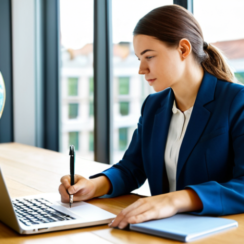 Home 8 A focused professional woman, in her late 20s, wearing a modest business casual blazer and blouse, sitting at a sleek, light-wood desk in a modern, sunlit co-working space. Her laptop screen displays a colorful graph illustrating "Sustainable Tourism Trends" and a digital map of the world. She holds a pen, looking thoughtfully at a notebook filled with meticulously organized notes on "Digital Marketing in Travel." The background features blurred, subtle office decor and a large, abstract globe. This image conveys diligent study and the integration of modern tourism concepts. Fully clothed, modest clothing, appropriate attire, professional dress, perfect anatomy, correct proportions, natural pose, well-formed hands, proper finger count, natural body proportions, safe for work, appropriate content, family-friendly, professional photography, high quality, highly detailed.