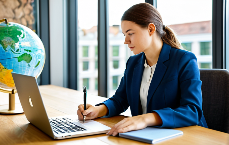 A focused professional woman, in her late 20s, wearing a modest business casual blazer and blouse, sitting at a sleek, light-wood desk in a modern, sunlit co-working space. Her laptop screen displays a colorful graph illustrating "Sustainable Tourism Trends" and a digital map of the world. She holds a pen, looking thoughtfully at a notebook filled with meticulously organized notes on "Digital Marketing in Travel." The background features blurred, subtle office decor and a large, abstract globe. This image conveys diligent study and the integration of modern tourism concepts. Fully clothed, modest clothing, appropriate attire, professional dress, perfect anatomy, correct proportions, natural pose, well-formed hands, proper finger count, natural body proportions, safe for work, appropriate content, family-friendly, professional photography, high quality, highly detailed.