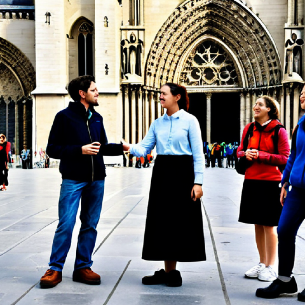 A Passionate Tour Guide**

"A cheerful, fully clothed female tour guide in her late 20s, wearing a modest, professional dress and comfortable walking shoes, gesturing animatedly as she explains the history of the Notre Dame Cathedral in Paris to a small group of tourists. Sunlight streams through the gothic arches in the background. Perfect anatomy, correct proportions, well-formed hands, proper finger count, natural body proportions, safe for work, appropriate content, professional, fully clothed, family-friendly."

**
