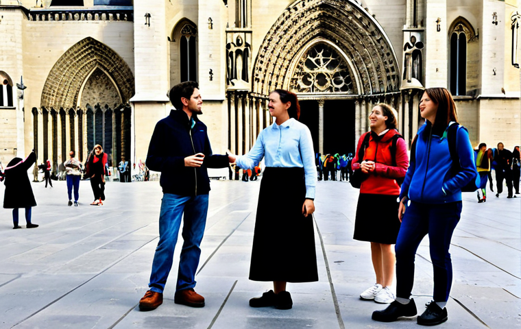 A Passionate Tour Guide**

"A cheerful, fully clothed female tour guide in her late 20s, wearing a modest, professional dress and comfortable walking shoes, gesturing animatedly as she explains the history of the Notre Dame Cathedral in Paris to a small group of tourists. Sunlight streams through the gothic arches in the background. Perfect anatomy, correct proportions, well-formed hands, proper finger count, natural body proportions, safe for work, appropriate content, professional, fully clothed, family-friendly."

**