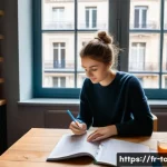 Home 17 여행산업기사 스터디 계획 예시 - A cozy study room in a modern French apartment, featuring a young adult sitting at a wooden desk wit...