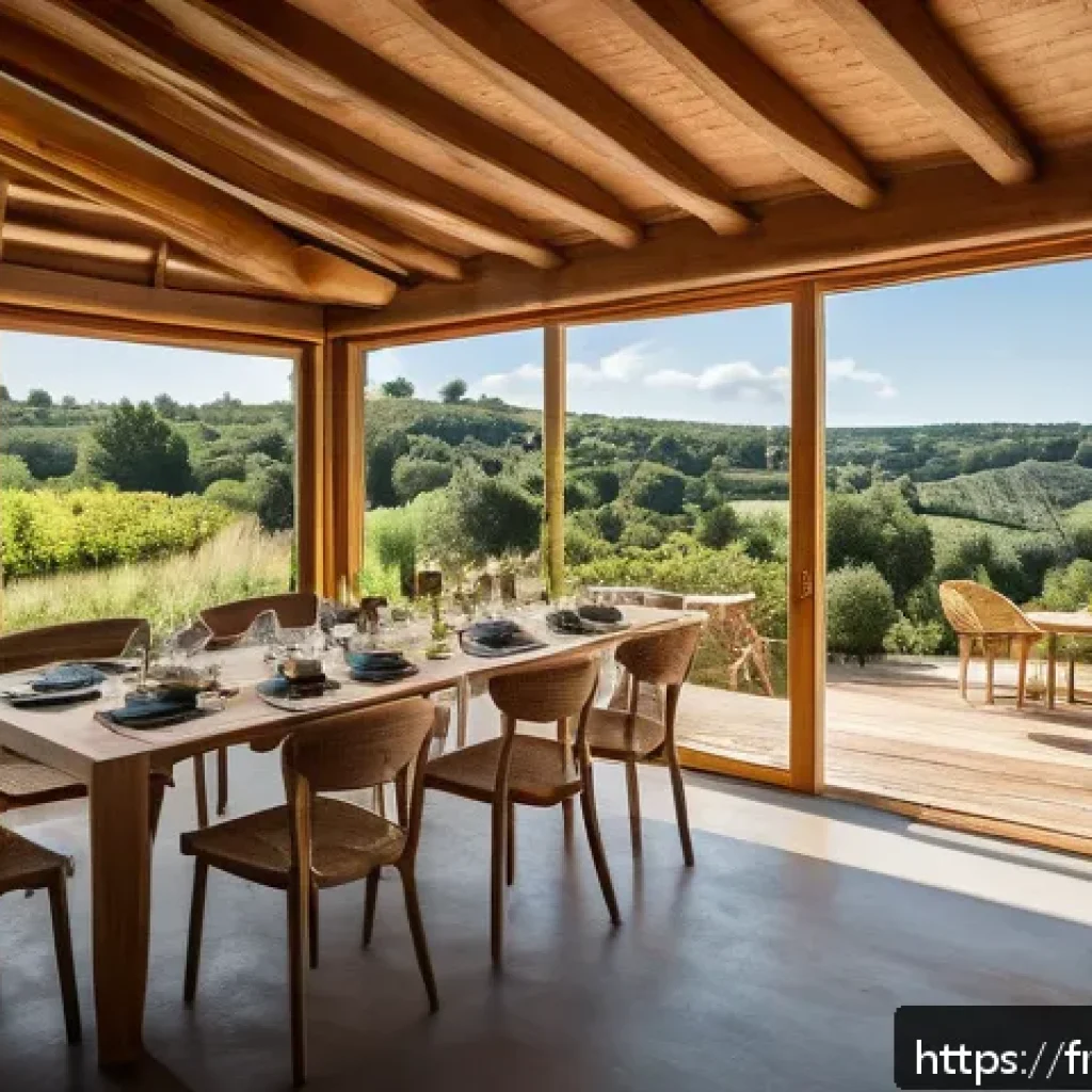 여행산업 실무에서의 창의적 문제 해결 - A serene eco-lodge nestled in the lush French countryside, featuring wooden architecture with solar ...