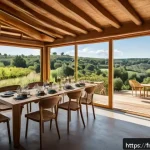 Home 21 여행산업 실무에서의 창의적 문제 해결 - A serene eco-lodge nestled in the lush French countryside, featuring wooden architecture with solar ...