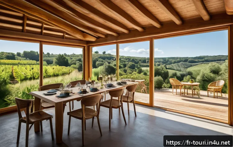 여행산업 실무에서의 창의적 문제 해결 - A serene eco-lodge nestled in the lush French countryside, featuring wooden architecture with solar ...