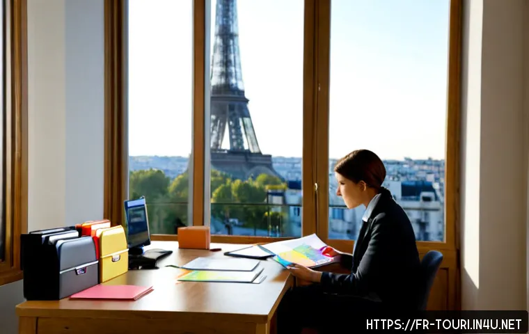 여행사 취업 후 첫 한 달 업무일기 - Photorealistic first-week travel agency employee in a bright Paris office, a young professional orga...